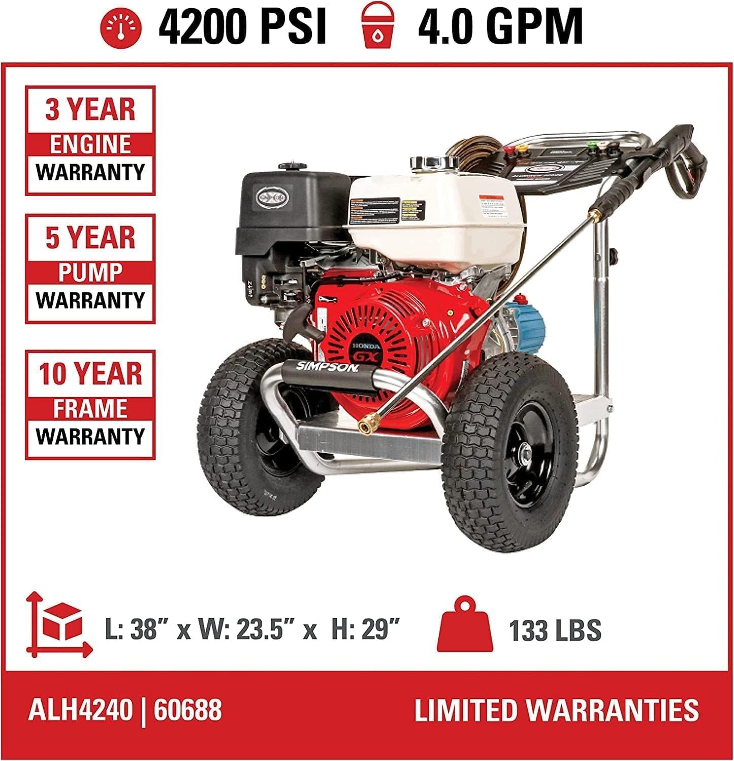 SIMPSON 4,200 PSI 4.0 GPM Gas Cold Water PowerShot Pressure Washer with Industrial Triplex Pump, Honda GX390 Engine